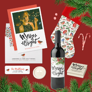 Eenvoudige Vrolijk en Helder Kerst Robin Foto Feestdagenkaart