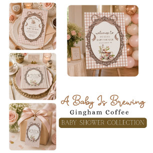 Sticker Carré Une Baby Shower Café Gingham 'Un Bébé est en Train