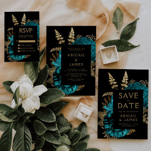 Invitation Élégant Moody Dark Floral Turquoise Gold Mariage