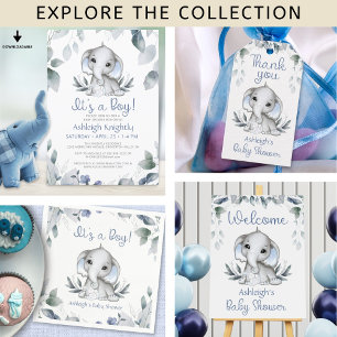 Elephant Blue Boy Baby shower Waterverf Greenery Kaart