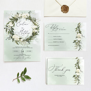Invitation Boho oliveraie roses blanches cadre or mariage