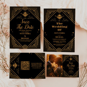 Foto Zwart Goud Geometrische Art Deco bruiloft Save The Date