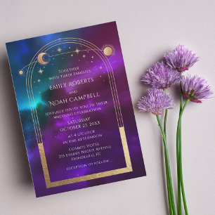 Invitation Cosmic Purple Turquoise Or Soleil Lune Espace d'as