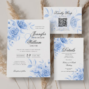 Invitation Élégant Script Mariage Navy Blue Floral avec QR RS