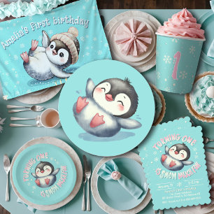 Invitation Bébé premier anniversaire mignon hiver Penguin Aqu