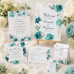 Invitation Mariage Fleur de Teal   Floral Boho Blanc Cassé