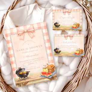 Blush Gingham Baby Q Baby Shower Kaart