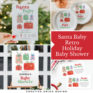 Prospectus 11,4 Cm X 14,2 Cm Budget Retro Noël Père Noël Baby shower Invitation