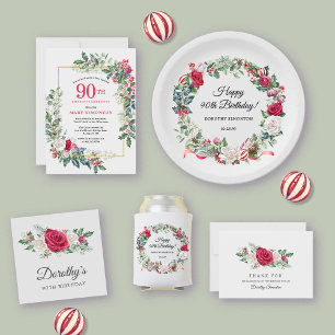 Invitation Rose blanche rouge Floral Holly 90e fête d'anniver
