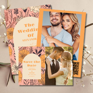Invitation Tout En Un Mariage Fleur sauvage QR Code rose jaune orange
