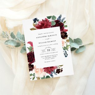 Invitation Aquarelle Bourgogne et Mariage de fleurs bleues