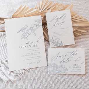 Invitation Dusty Blue Vintage Floral Songbird Mariage
