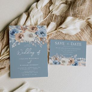 Invitation Dusty Bleu Blanc Bohème Aquarelle Mariage