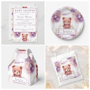 Invitation Ours pourpre en tourbillon et fleurs - Baby shower