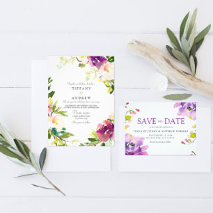 Invitation Peach rose violet Floral Aquarelle Mariage Inviter