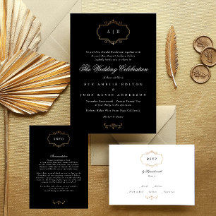 Invitation élégant noir blanc classique or monogramme mariage