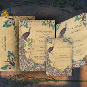 Invitation Eggplant Aqua Peacock Vintage 3 Plumes