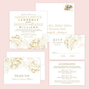 Carte De Remerciements Elegant Gold Floral Peony Wedding Monogram