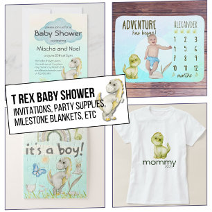 Pastel Waterverf Leuk Modern T Rex Baby shower Kaart