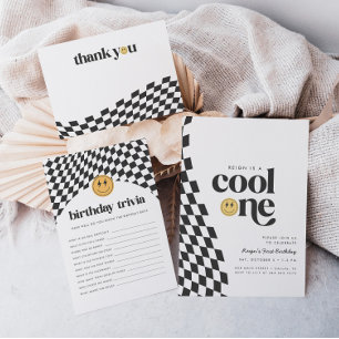 Carte De Remerciements Premier anniversaire du cool One Boy À damiers Rét