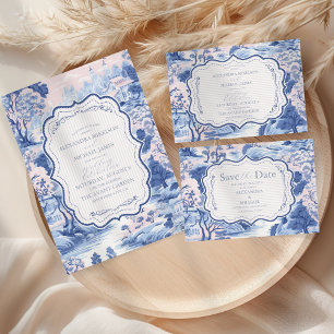 Invitation Tout En Un Bleu Blanc Chinoiserie Floral Porcelaine Mariage