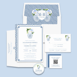 Invitation Préppy Floral Bleu & Blanc Ginger Jar Mariage