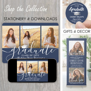Faire-part 4 Photo Graduation Collage Script Marine Bleu Blan