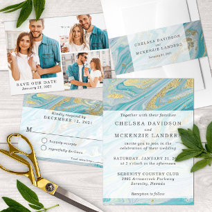 Invitation Turquoise & Gold Marble Swirl Agate Mariage de géo