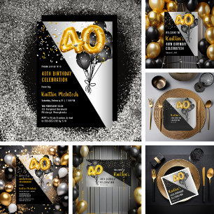 Invitations En Acrylique Ballons élégants Noir   Gold 40th Birthday Party
