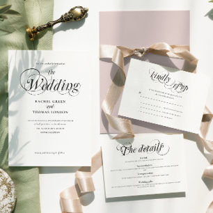 Invitation Tout En Un Calligraphie romantique Noir Blanc Mariage