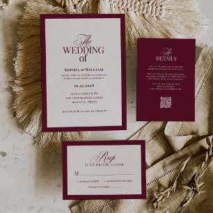 Klassiek Luxe   Elegante witte en bordeauxrode tro RSVP Kaartje