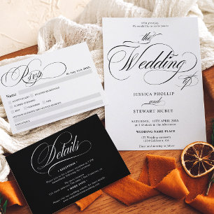 Invitation Calligraphie noir blanc détails chic mariage