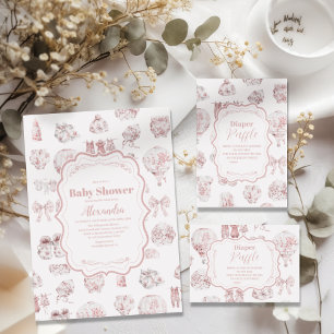 Invitation Vêtements Roses Toile De Jouy Baby shower