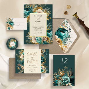 Carte Fête des mariées florale turquoise Gold Luxuriante