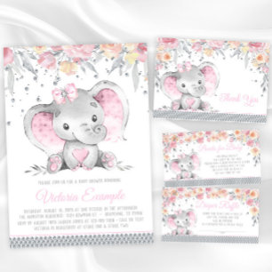 Carte De Remerciements Eléphant rose Gris Diamant Baby shower floral