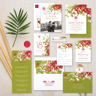 Invitation Feuille bambou vert rouge double Xi Mariage chinoi