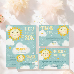 Retro grillige zon en wolken baby shower bedankkaart
