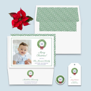 Cartes Pour Fêtes Annuelles Boxwood classique Wreath Red Green Joyeux Noël