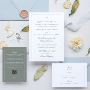 Carte D'accompagnement Sage Green Monogramme QR CODE Mariage élégant
