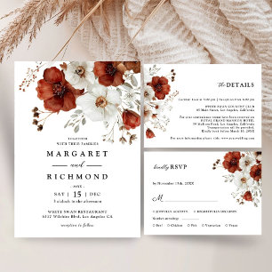 Invitation Mariage floral rouge et blanc rustique