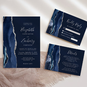 Cartons Réponse Mariage moderne Marine Blue Silver Agate