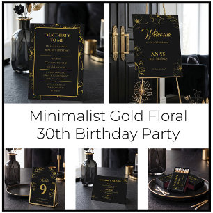 Minimalistische gouden en zwarte bloem 30e verjaar RSVP kaartje