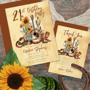 Invitation Boho Western Guitar Sunflowers 40e fête d'annivers