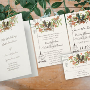 Invitation Coral Orange Grey Rustique Inséparable Mariage Inv