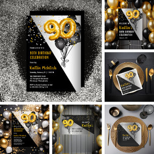 Invitations En Acrylique Ballons élégants Noir   Gold 90th Birthday Party