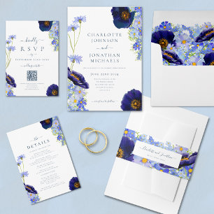 Invitation Fleur sauvage bleu moderne aquarelle Mariage rusti