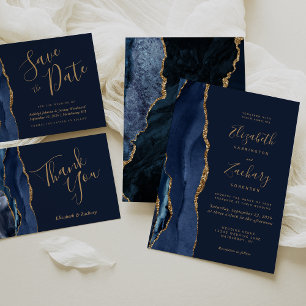 Invitation Élégant Mariage d'âge or bleu marine