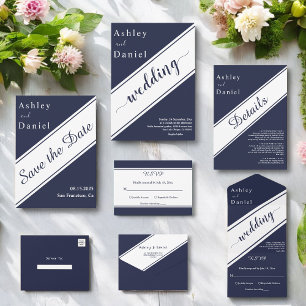 Invitation Elegant Chic Navy Bleu Blanc Moderne Mariage de lu