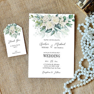 Faire-part de mariage vert eucalyptus blanc roses
