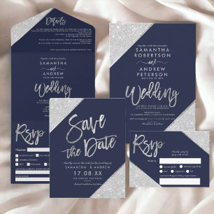 Save The Date Argent parties scintillant script bleu marine enre